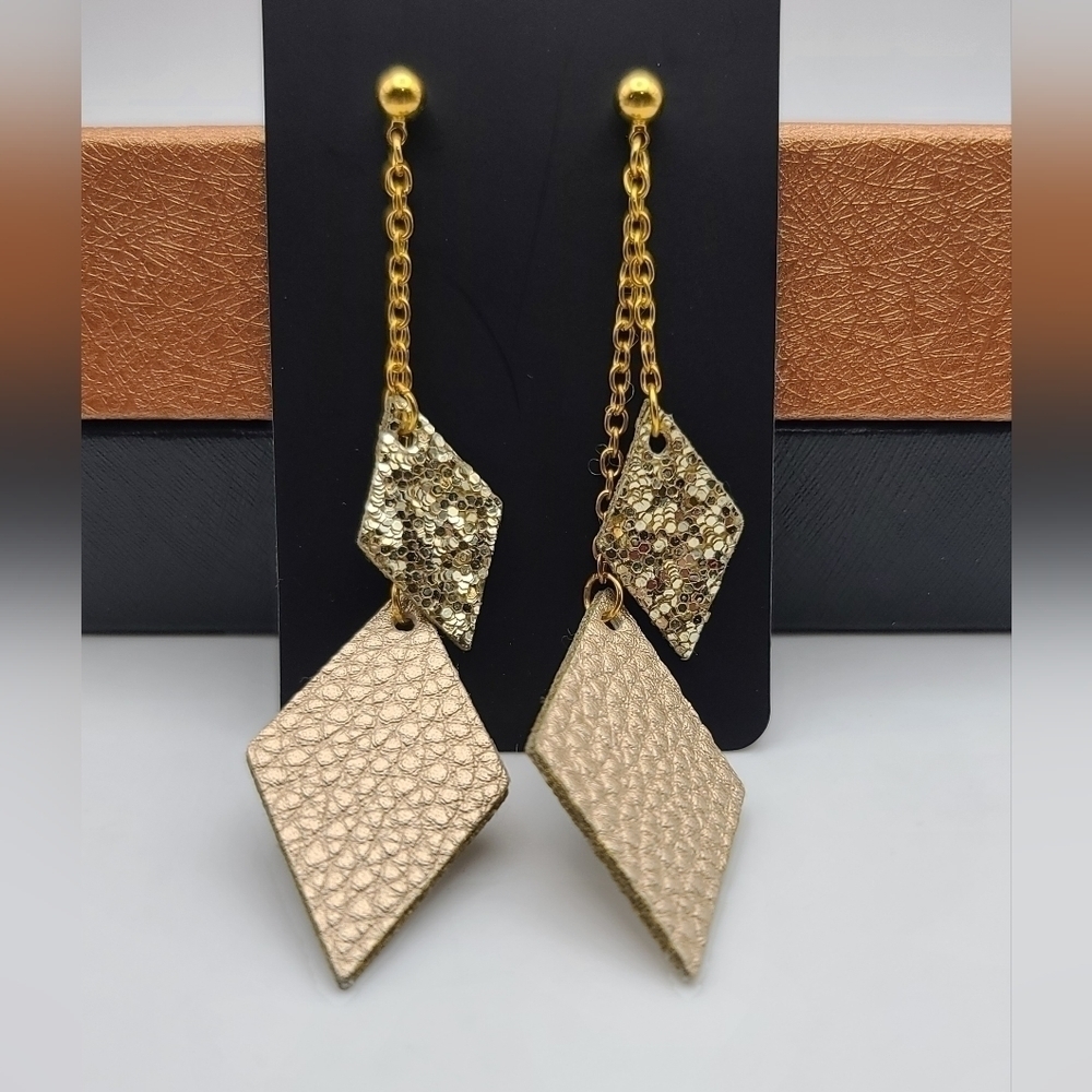 VEGAN Leather Dangle Post Earrings In Gold And Metallic Cream